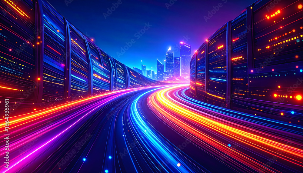 Fototapeta premium Futuristic Highway with Neon Light Trails Representing Speed and Data Flow.