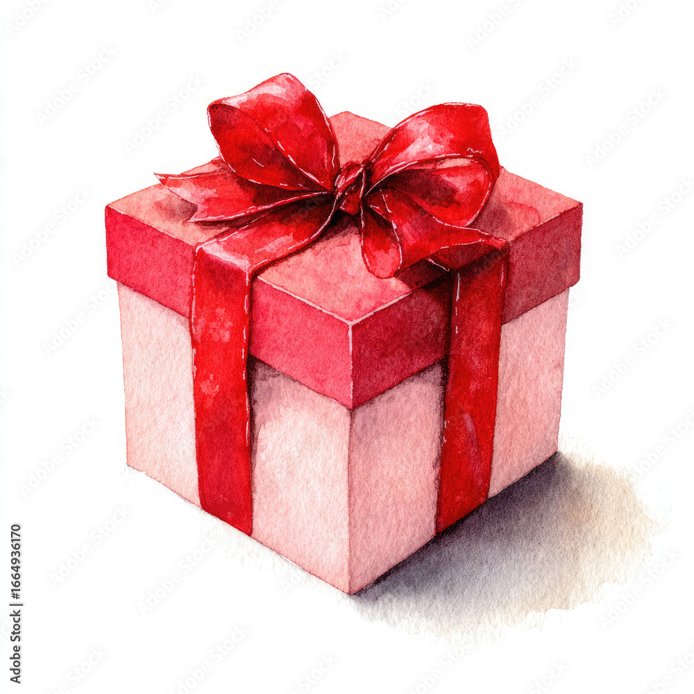 Obraz premium Red gift box with ribbon and bow painted in watercolor
