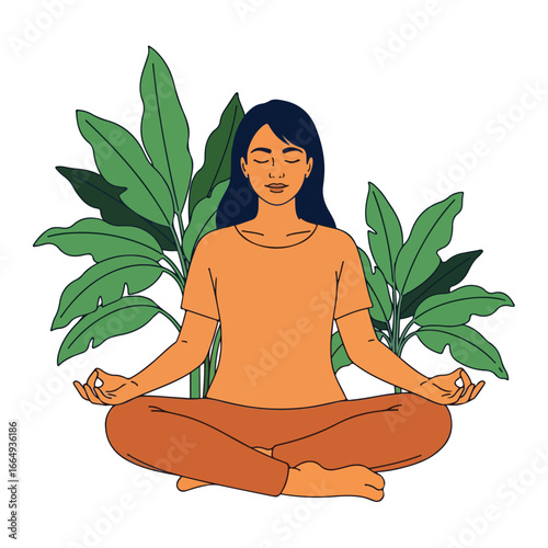 Woman Meditating in Lotus Position with Plants