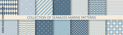 Collection of simple geometric seamless sea patterns. Blue marine minimalistic backgrounds. Repeatable textile prints with symbols