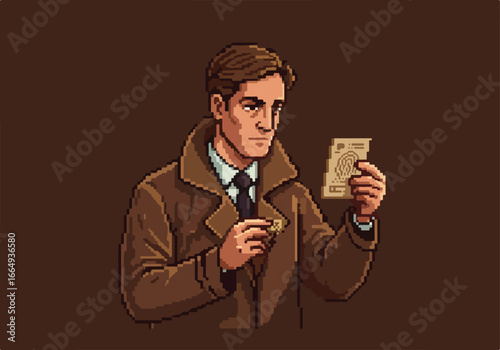 Pixel art detective inspecting clues in a study. For pixel game and media
