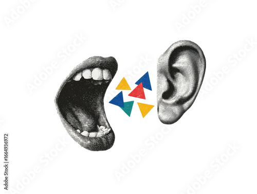 A black and white image of a wide-open mouth and an ear, with colorful triangles between them.  Collage style