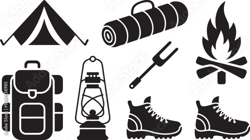 A Set of Camping and Hiking Gear Icons, Featuring Tents, Lanterns, Backpacks, and Campfires