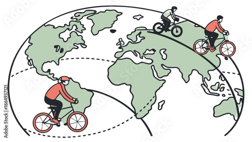 Illustration of people riding bicycles around the world