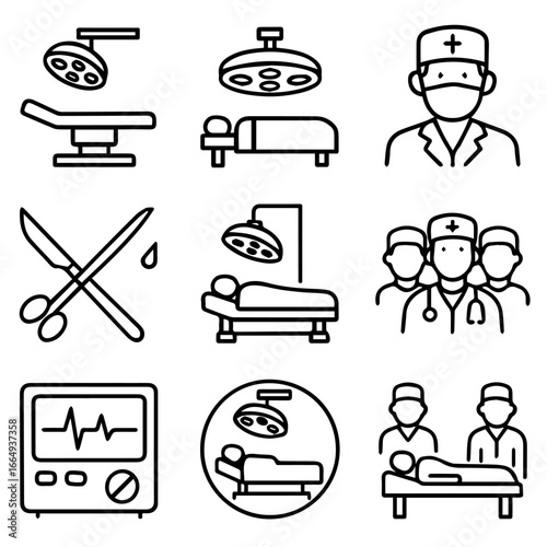 Surgical Icons Depicting Operating Room Equipment and Medical Personnel in Outline Style.