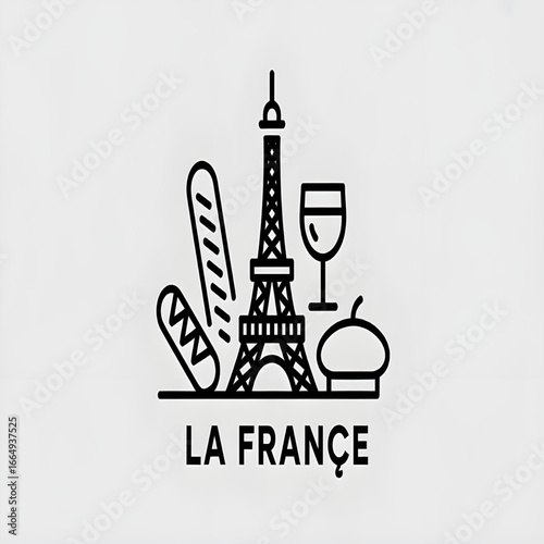 France Culture Combination Icons – Eiffel Tower, Wine, Cheese, Baguette