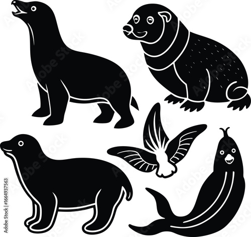 A set of black vector silhouettes of wild and domestic animals, livestock, hunting, jungle, silhouette art, drawing