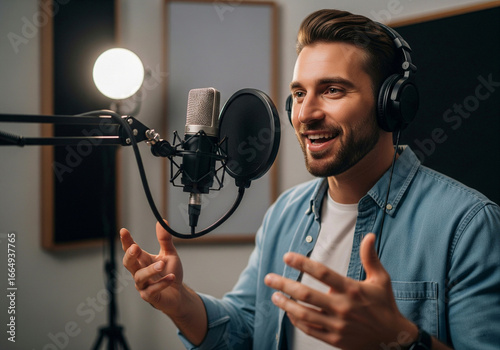 Cheerful Young Man Podcasting or Broadcasting Live, Speaking Enthusiastically into a Professional Microphone