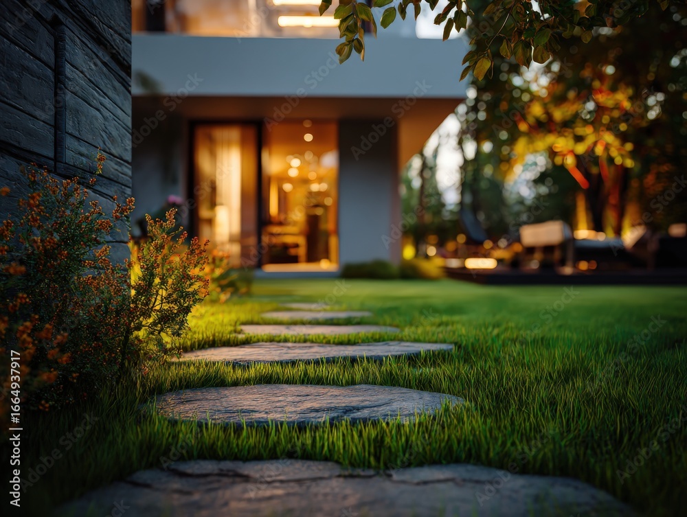 Fototapeta premium A cozy home garden featuring lush green grass and a stone path, warmly lit by the house in the background, showcasing minimalist architecture and peaceful outdoor charm.