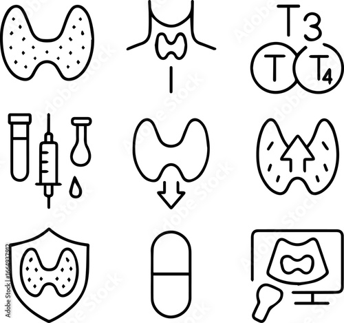 Thyroid gland icons depicting hormone levels treatment and diagnostic procedures.