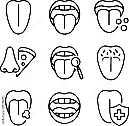 Tongue Condition Icons Taste Buds Pizza Examination Protection and Oral Health.