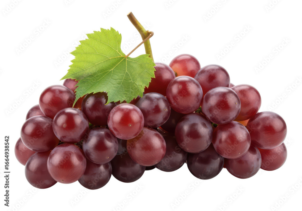 Fototapeta premium Close up of ripe red grapes with a single green leaf and stem fruit food