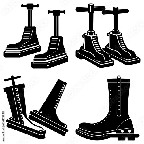 Illustration of four distinct boot designs with varying styles and sole structures present in black and white