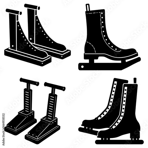Illustration showing ice skates and skate sharpening tools in black and white drawing style