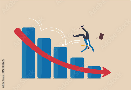 Stock market plunged falling down, economic crash, investing failure or mistake, price drop, recession, investment risk concept, businessman investor slip on stock market graph fall down to the floor.