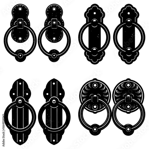 Illustration of six decorative black door knockers with varying designs and mounting backplates shown