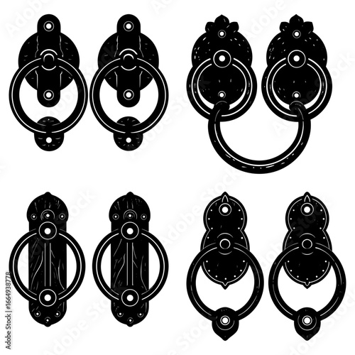 Illustration of various antique door knockers with different designs and styles in black and white color