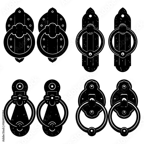 Collection of four pairs of vintage door knockers in black and white silhouette style illustration