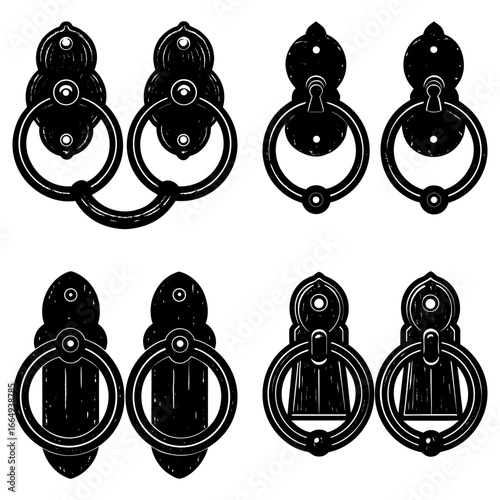 Illustration showing various antique door knockers with different designs and mounting plates in black and white