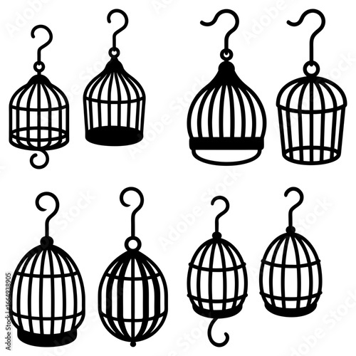 Collection of eight birdcages in various shapes and styles hanging from question mark shaped hooks
