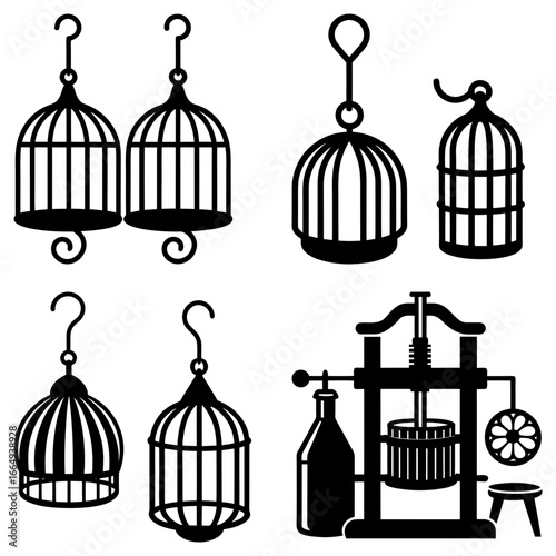 Illustration showing a collection of birdcages and a press machine in black and white vector format