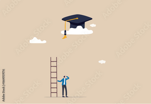 Education cost, expensive school or university cost, education gap or scholarship opportunity concept, poor man with too short ladder to climb to reach high graduated mortarboard on the cloud.