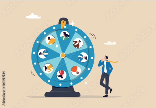 Choosing candidate, hiring new headcount or applicant, lucky winner staff, human resources pick new talent or layoff employee concept, businessman HR staff picking candidate by lucky draw wheel.