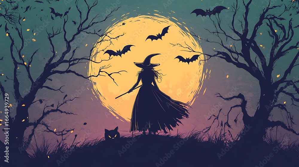 Fototapeta premium Halloween horizontal banner with vector logo featuring ominous tree branches bats and a pretty witch on a full moon background