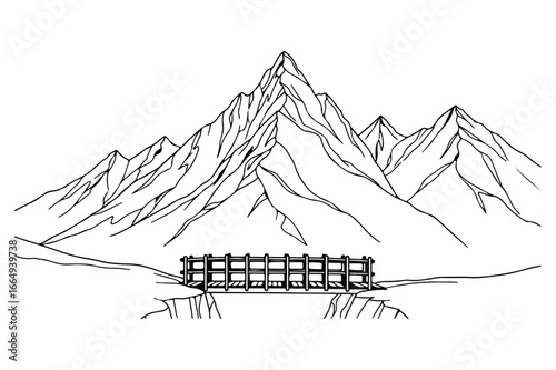 Black and white line drawing of a wooden bridge spanning a chasm with jagged mountain peaks in the background