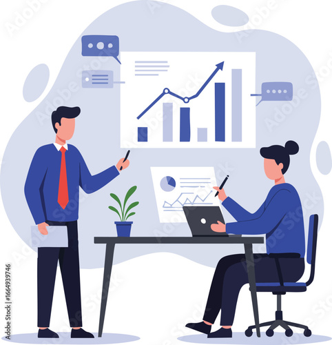 A dedicated team of business professionals collaboratively analyzes growth charts and discusses strategic financial insights in a modern office setting.