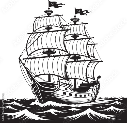 Sailing Ship: A Black and White Vector Illustration of a Classic Galleon on the Sea