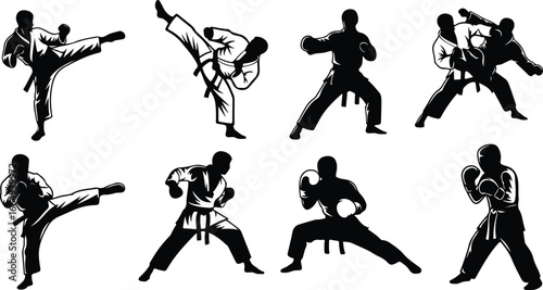 Black and white silhouettes of martial artists in action poses karate martial arts
