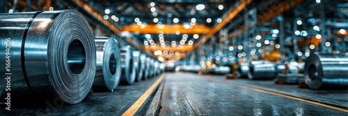 Stacks of rolled steel coils in a busy manufacturing facility showcasing industrial processes