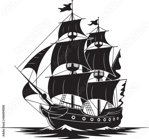 Sailing Ship: A Black and White Vector Illustration of a Pirate Galleon on the Sea