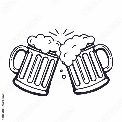 Two frothy beer mugs clinking together in a celebratory toast with bubbles and radiating lines suggesting excitement and fun