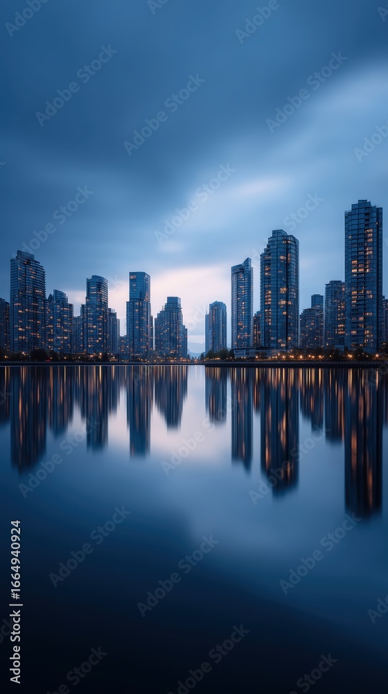 Obraz premium The mesmerizing reflection of an urban cityscape, with illuminated high-rise buildings reflecting majestically onto a serene lake.