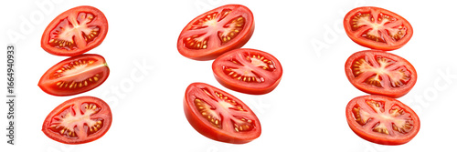 Set For Three stacks of sliced tomatoes are isolated on transparent background