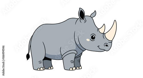 A cute cartoon rhino standing still on a white background