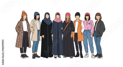 Diverse group of women showcasing varied styles and cultural attire standing together confidently in a line