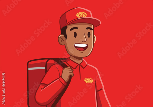 Cartoon pizza delivery person smiles with a red background for use in advertisements