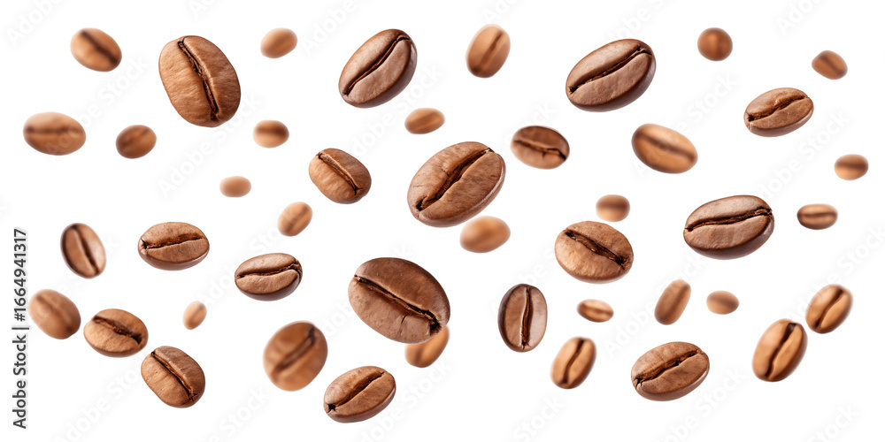 Obraz premium Roasted coffee beans are scattered on an isolated on transparent background