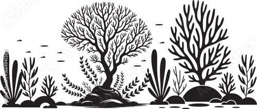 Botanical Scene: A Detailed Black and White Illustration of Tree and Plant Life

