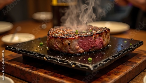sizzling steak on hot stone plate