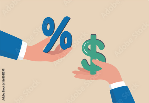 Investment profit earnings, interest rate or dividends percentage, offer discount or sale, income tax or make money concept, businessman hand offer percentage sign with other giving dollar money.