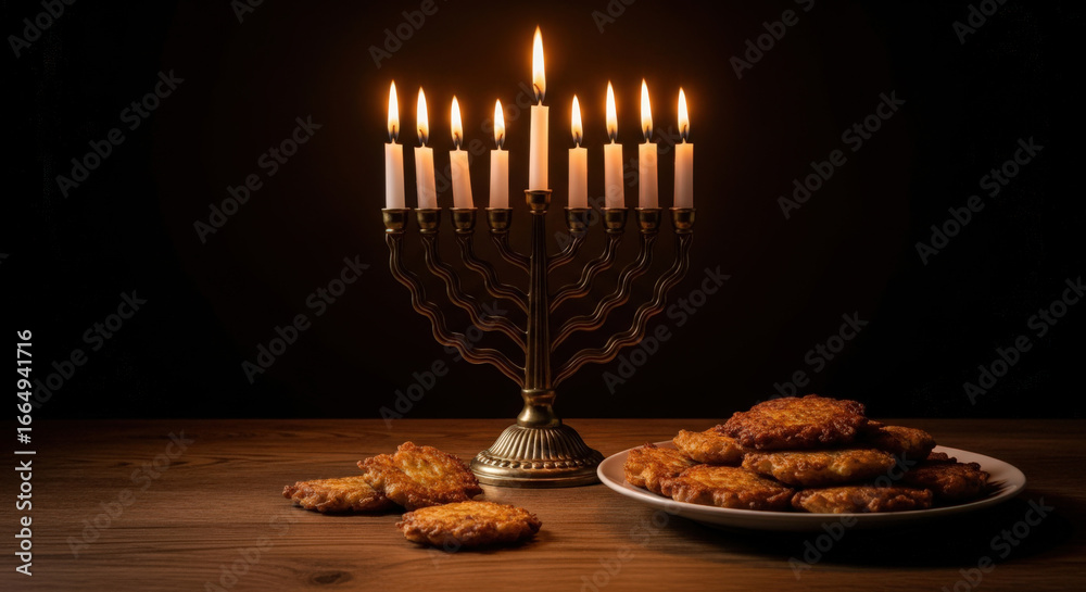Obraz premium Illuminating Tradition A Hanukkah Menorah Display with Golden Light and Delicious Latkes on a Wooden Table Against a Dark Backdrop for Festive Occasions