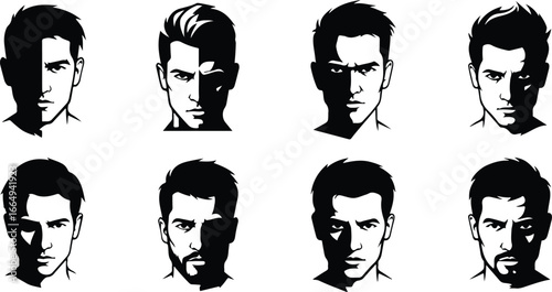 Eight Black and White Stylized Portraits of Men's Faces with Dramatic Shadowing male head