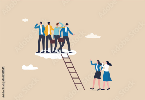 Gender gap, male domination in company executive board, unequal or unfair, inequality in management position, businessmen climb up ladder up the cloud with no space left for woman female colleagues. 