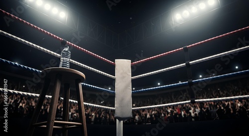 Boxing ring corner with a stool and water bottle, illuminated by bright stadium lights, with a blurred crowd in the background.