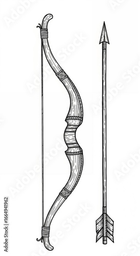 Bow and arrow, medieval weapon drawn with string and sharp arrowhead on white background. Ancient bow and arrow as historical equipment, used for hunting and battle in medieval times.