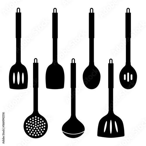 Set of Kitchen Utensils Silhouette Icons Vector Illustration. A collection of essential kitchen utensils in clean black silhouette style.